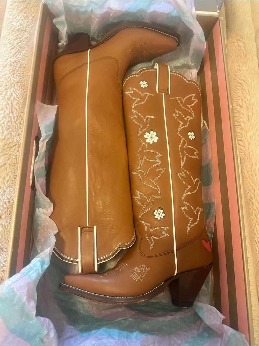 Western Embroidered Tan Knee-High Heeled Boots